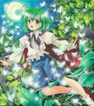  1girl acrylic_paint_(medium) airbrush_(medium) ankle_socks antennae armband blouse butterfly cape crescent_moon flying green_eyes green_hair juliet_sleeves leaf long_sleeves looking_at_viewer marker_(medium) moon night open_mouth outdoors puffy_sleeves short_hair shorts sky solo star_(sky) starry_sky tegaki_no_yuu touhou traditional_media wriggle_nightbug 