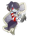 1girl bare_shoulders blue_hair blue_skin detached_sleeves hair_over_one_eye kimjae737 leviathan_(skullgirls) long_hair red_eyes side_ponytail sienna_contiello skirt skullgirls smile solo stitched_mouth striped_sleeves zombie 