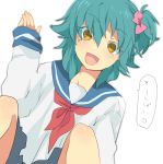  1boy aqua_hair blush bow dutch_angle fangs hair_bow heart inazuma_eleven_(series) inazuma_eleven_go kariya_masaki male open_mouth school_uniform serafuku shirota69 simple_background solo spoken_heart white_background yellow_eyes 