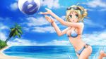  1girl absurdres ahoge aizawa_inori ball barefoot beach bikini bracelet breasts collateral_damage_studios drill_hair green_eyes hair_ornament highres internet_explorer jewelry navel o-ring_bottom ocean official_art open_mouth os-tan palm_tree personification ricky_ka_pang side_ponytail sky solo sunglasses sunglasses_on_head swimsuit tree wallpaper water 