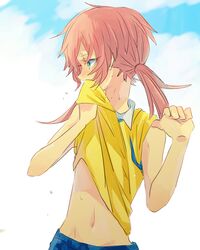  1boy blue_eyes blush clouds inazuma_eleven_(series) inazuma_eleven_go kirino_ranmaru long_hair male midriff navel pink_hair raimon shirota69 shirt_lift sky soccer_uniform solo sportswear sweat twintails 