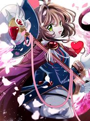  1girl absurdres baton brown_hair cape cardcaptor_sakura fumiko_(miruyuana) gloves green_eyes hat heart highres kinomoto_sakura long_sleeves magical_girl open_mouth petals ribbon shorts smile smoking solo white_gloves 