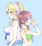  2girls \m/ ayase_eli bandana bikini_top black_hair blonde_hair blue_eyes blush breasts flower hair_flower hair_ornament highres jewelry long_hair looking_at_viewer love_live!_school_idol_project multiple_girls necklace nemuhito open_mouth pearl_necklace ponytail red_eyes smile tagme twintails yazawa_nico 