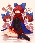  1girl boots bow cape checkered checkered_floor cross-laced_footwear hair_bow open_mouth red_eyes red_skirt redhead sekibanki short_hair sitting skirt solo touhou uma_(ninjin_misaki) wariza 