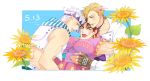  3boys blonde_hair caesar_anthonio_zeppeli catsizuru crossdressinging dual_persona fake_breasts feathers flower hair_feathers headband highres jojo_no_kimyou_na_bouken joseph_joestar_(young) lipstick makeup multiple_boys sunflower vest white_hair 