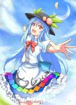  1girl blue_hair bow clouds crescent_moon dress food frilled_skirt frills fruit hat highres hinanawi_tenshi long_hair looking_at_viewer moon outdoors outstretched_arms peach puffy_short_sleeves puffy_sleeves red_eyes sadoru short_sleeves skirt sky smile solo spread_arms touhou very_long_hair 