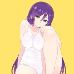  1girl breasts chan_co green_eyes hair_between_eyes large_breasts long_hair love_live!_school_idol_project purple_hair revision school_swimsuit simple_background smile solo swimsuit toujou_nozomi very_long_hair white_school_swimsuit white_swimsuit yellow_background 