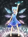  &gt;:o 1girl :o barefoot blue_eyes blue_hair bow cirno dress hair_bow highres ice ice_wings inyuppo open_mouth perfect_freeze short_hair snowing touhou wings 