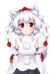  1girl animal_ears bare_shoulders blush breasts detached_sleeves deviantart_thumbnail hat inubashiri_momiji looking_up pom_pom_(clothes) red_eyes shirt short_hair silver_hair simple_background skirt smile solo tail tokin_hat touhou white_background white_shirt wolf_ears wolf_tail 