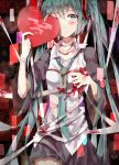  1girl absurdres bandages blood blush green_eyes green_hair hatsune_miku heart highres long_hair looking_at_viewer nadinehuifu nail_polish necktie skirt solo twintails very_long_hair vocaloid 