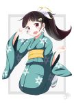  1girl araragi_tsukihi black_hair fried_egg hair_ornament highres japanese_clothes kimono long_hair monogatari_(series) red_eyes solo suzumeko tagme 