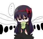  ... 1girl akemi_homura akuma_homura bare_shoulders black_hair bow bread bread_in_mouth choker dress eating elbow_gloves feathered_wings food gloves hair_bow long_hair mahou_shoujo_madoka_magica mahou_shoujo_madoka_magica_movie melon_bread nura_(oaaaaaa) simple_background solo speech_bubble spoilers violet_eyes white_background wings 