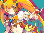  1girl :d aano_(10bit) blonde_hair blue_background cure_sunshine earrings eyelashes food fruit hair_ornament hair_ribbon heartcatch_precure! jewelry magical_girl midriff myoudouin_itsuki navel one_eye_closed open_mouth precure ribbon sketch smile solo strawberry tagme twintails underwear wink yellow_eyes 