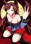  1girl animal_ears bare_shoulders breasts brown_hair cleavage collarbone deviantart_thumbnail dress fingernails full_moon highres imaizumi_kagerou jewelry large_breasts long_hair looking_at_viewer moon open_mouth red_eyes sitting solo tongue tongue_out touhou wolf_ears 
