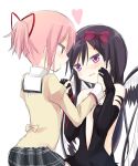  2girls akemi_homura akuma_homura black_hair blush dress elbow_gloves eye_contact gloves hair_ribbon hand_on_another&#039;s_cheek hand_on_another&#039;s_face heart holding_hands kaname_madoka long_hair looking_at_another mahou_shoujo_madoka_magica multiple_girls pink_eyes pink_hair ribbon school_uniform short_hair short_twintails smile spoilers tagme twintails upiupi2 violet_eyes wings yuri 