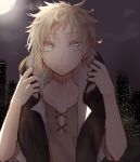  1boy artist_request blonde_hair cityscape hoodie kagerou_project kano_shuuya moon night night_sky short_hair sky smile solo yellow_eyes 