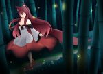  1girl :d animal_ears bamboo bamboo_forest bare_shoulders brown_hair dress fang forest frilled_sleeves frills highres imaizumi_kagerou inyuppo light_particles nature open_mouth red_eyes smile tail touhou wolf_ears wolf_tail 