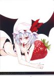  1girl alternate_costume bat_wings bikini black_bikini blue_hair blush fang flat_chest food fruit hat highres looking_at_viewer lying mob_cap nabeshima_tetsuhiro navel on_side oversized_object red_eyes red_nails remilia_scarlet ribbon scan simple_background slit_pupils smile solo strawberry swimsuit thigh-highs tongue tongue_out touhou wings 