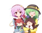  &gt;_&lt; :3 ^_^ animal_ears black_hair black_wings braid cat_ears chibi closed_eyes green_hair haruto_(hirokazu1001) hat highres hug kaenbyou_rin komeiji_koishi komeiji_satori long_hair open_mouth purple_hair red_eyes redhead reiuji_utsuho short_hair simple_background smile tagme third_eye touhou white_background wings 