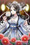  1girl aqua_eyes artist_name belt black_hair earrings english flower gem hair_ornament jewelry lantern lipstick makeup mirror necklace original pearl_necklace peony_(flower) shainea smile solo sparkle traditional_clothes water_drop watermark web_address wide_sleeves 