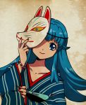  1girl blue_eyes blue_hair eyelashes happinesscharge_precure! happy japanese_clothes kagami_chihiro long_hair looking_at_viewer mask precure shirayuki_hime smile solo tagme 