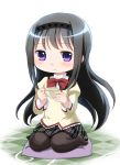  1girl akemi_homura black_hair bow cup hairband long_hair looking_at_viewer m-eine mahou_shoujo_madoka_magica pantyhose school_uniform simple_background sitting skirt solo squatting teacup violet_eyes white_background 