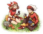  1boy 1girl backpack bag bandana berries bike_shorts black_hair blue_eyes brown_eyes brown_hair butterfly_sitting fanny_pack fingerless_gloves gloves haruka_(pokemon) hat ikra_(katacoly) on_grass open_mouth pokemon pokemon_(game) pokemon_oras pokemon_rse short_hair sitting yokozuwari yuuki_(pokemon) 