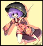  &gt;:o 1girl :o barefoot bowl_hat character_name dated japanese_clothes kimono magicalchan needle oversized_object purple_hair shadow short_hair sukuna_shinmyoumaru touhou 