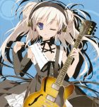  1girl ;o blue_eyes electric_guitar grey_hair guitar headphones highres instrument lolita_fashion one_eye_closed plectrum scan tsurusaki_takahiro twintails wink 