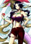  1girl asymmetrical_clothes black_hair blue_eyes breasts cleavage dracaena_(pokemon) dragalge elite_four hand_on_hip holding holding_poke_ball ichitsuki_nebura jewelry large_breasts long_hair midriff navel necklace open_fly poke_ball pokemon pokemon_(game) pokemon_xy single_pantsleg solo_focus strap_gap strap_slip tooth_necklace torn_clothes torn_pants unzipped younger 