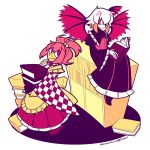  2girls abstract_cactus apron book bookshelf japanese_clothes looking_at_another motoori_kosuzu multicolored_hair multiple_girls open_book red_eyes redhead sitting smile tokiko_(touhou) touhou twintails two-tone_hair two_side_up wide_sleeves wings 