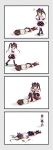  2girls 4koma absurdres belt broken cellphone cellphone_camera comic geta hair_ribbon highres himekaidou_hatate hinami_(hinatamizu) implied_pantyshot long_hair lying multiple_girls on_ground on_stomach panties phone pointy_ears puffy_short_sleeves puffy_sleeves ribbon shameimaru_aya shirt short_sleeves silent_comic sitting skirt skirt_lift touhou twintails underwear walking white_panties 