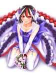  1girl black_hair bouquet breasts cleavage dress flower garter_straps horns hozenkakari kijin_seija multicolored_hair red_eyes redhead rose touhou veil wedding_dress 