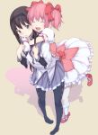  2girls akemi_homura black_hair blush bubble_skirt closed_eyes gloves hair_ribbon hairband highres hug hug_from_behind kaname_madoka kneehighs long_hair magical_girl mahou_shoujo_madoka_magica multiple_girls pantyhose pink_hair ribbon short_hair short_twintails smile tagme twintails used violet_eyes yuri 