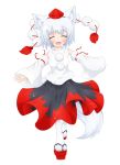  1girl animal_ears bare_shoulders blush breasts closed_eyes detached_sleeves deviantart_thumbnail fang happy hat highres inubashiri_momiji open_mouth pom_pom_(clothes) shirt short_hair silver_hair simple_background skirt solo tail tokin_hat touhou white_background white_shirt wolf_ears wolf_tail 