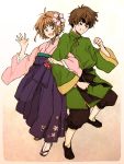  1boy 1girl brown_eyes brown_hair cardcaptor_sakura cherry_blossoms chinese_clothes couple flower green_eyes hair_flower hair_ornament highres kinomoto_sakura li_xiaolang pose sandals short_hair tama-chan_(momomomijisakura) waving 