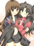  2girls black_hair brown_eyes brown_hair carrying cross fate/extra fate/extra_ccc fate_(series) green_eyes hair_ribbon highres kiminitokimeki kishinami_hakuno_(female) multiple_girls princess_carry ribbon school_uniform serafuku thigh-highs tohsaka_rin toosaka_rin 