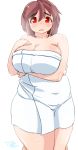 1girl ahoge breast_lift breast_suppress breasts brown_hair cleavage collarbone eno_konoe eyebrows highres huge_breasts looking_at_viewer mikomu naked_towel open_mouth original plump red_eyes solo thick_eyebrows thick_thighs thighs towel water_drop wavy_mouth wet white_background 