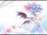  1girl alternate_costume bat_wings blue_background blue_hair bow breasts character_name cleavage dress frilled_dress frills gradient gradient_background hat hat_bow maryquant mob_cap pointy_ears red_eyes remilia_scarlet sleeveless sleeveless_dress solo touhou wings 