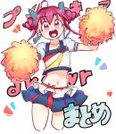 1girl :d blue_skirt bow cosplay crop_top cure_honey cure_honey_(cosplay) hair_bow happinesscharge_precure! happy hoshizora_miyuki jumping midriff miniskirt navel open_mouth pink_eyes pink_hair pom_poms popcorn_cheer precure short_hair short_twintails skirt smile smile_precure! solo twintails white_background yuucho 