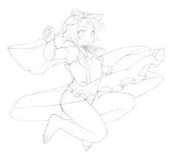  1girl aki_minoriko barefoot dress feet hat jumping kasuga_yukihito leaf lineart monochrome panties small_breasts smile solo touhou traditional_media underwear work_in_progress 