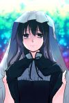  1girl akemi_homura black_hair blanket funeral_dress long_hair looking_at_viewer mahou_shoujo_madoka_magica mahou_shoujo_madoka_magica_movie momoko_(palemon) ribbon smile solo spoilers violet_eyes 