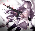  1girl akemi_homura assault_rifle beretta_92 black_hair broken bullet cartridge dissolving gun hairband handgun highres howa_type_89 long_hair m16 magical_girl mahou_shoujo_madoka_magica pantyhose rifle shell_casing shield skirt solo tagme violet_eyes weapon 