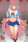  1boy blue_eyes blush character_name choker crossdressinging headset heart inazuma_eleven_(series) inazuma_eleven_go kirino_ranmaru long_hair male midriff navel pink_hair shirota69 skirt smile solo tagme twintails 