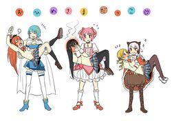  6+girls akemi_homura black_hair blue_hair blush boots bow bubble_skirt cape carrying closed_eyes hair_bow hair_ornament hands_on_own_face hat headband kaname_madoka kneehighs loafers long_hair mahou_shoujo_madoka_magica miki_sayaka momoe_nagisa multiple_girls open_mouth pantyhose parari_(parari000) pink_eyes pink_hair polka_dot polka_dot_legwear ponytail princess_carry redhead sakura_kyouko school_uniform shoes short_hair short_twintails skirt smile steam tagme thigh-highs tomoe_mami twintails white_hair yuri 