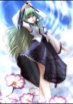  1girl arm_up armpits detached_sleeves flower frog_hair_ornament from_below gohei green_eyes green_hair hair_ornament highres kochiya_sanae long_hair looking_at_viewer looking_down nvkka open_mouth outdoors sarashi skirt sky snake_hair_ornament solo touhou upskirt very_long_hair 