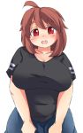  1girl :d ahoge black_shirt blush breasts brown_hair cleavage collarbone eno_konoe eyebrows head_tilt huge_breasts looking_at_viewer mikomu open_mouth original plump red_eyes short_hair short_sleeves simple_background smile solo t-shirt thick_eyebrows v_arms white_background 