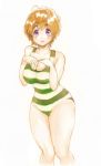  1girl blush breasts brown_hair cleavage large_breasts looking_at_viewer nitroplus one-piece_swimsuit open_mouth short_hair striped striped_swimsuit swimsuit violet_eyes watanuki_fuuri zimbabwefumi 