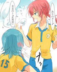  2boys aqua_hair blue_eyes inazuma_eleven_(series) inazuma_eleven_go kariya_masaki kirino_ranmaru lightning_bolt long_hair male multiple_boys open_mouth pink_hair raimon shirota69 soccer_uniform sportswear translation_request twintails 