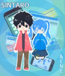  1boy 1girl artist_request black_eyes black_hair blue_eyes blue_hair cellphone character_name chibi ene_(kagerou_project) jersey kagerou_project kisaragi_shintarou phone short_hair smartphone smile star star-shaped_pupils symbol-shaped_pupils twintails 